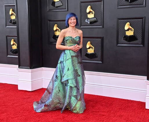 Jennifer Koh arrives for the 64th annual Grammy Awards at the MGM Grand Garden Arena in Las Vegas, Nevada on Sunday, April 3, 2022.  LAV20220403194 JIMxRUYMEN