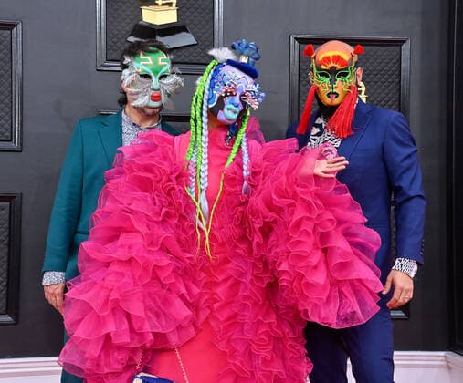 Bomba Estéreo arrive for the 64th annual Grammy Awards at the MGM Grand Garden Arena in Las Vegas, Nevada on Sunday, April 3, 2022.  LAV20220403227 JIMxRUYMEN
