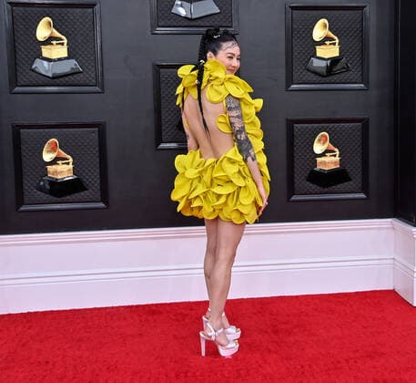 Michelle Zauner arrives for the 64th annual Grammy Awards at the MGM Grand Garden Arena in Las Vegas, Nevada on Sunday, April 3, 2022.  LAV20220403248 JIMxRUYMEN