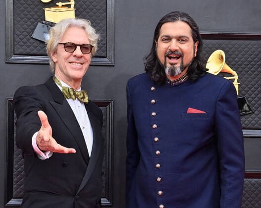 Stewart Copeland and Ricky Kej arrive for the 64th annual Grammy Awards at the MGM Grand Garden Arena in Las Vegas, Nevada on Sunday, April 3, 2022.  LAV20220403266 JIMxRUYMEN