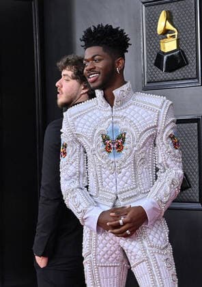 Jack Harlow and Lil Nas X arrive for the 64th annual Grammy Awards at the MGM Grand Garden Arena in Las Vegas, Nevada on Sunday, April 3, 2022.  LAV20220403461 JIMxRUYMEN