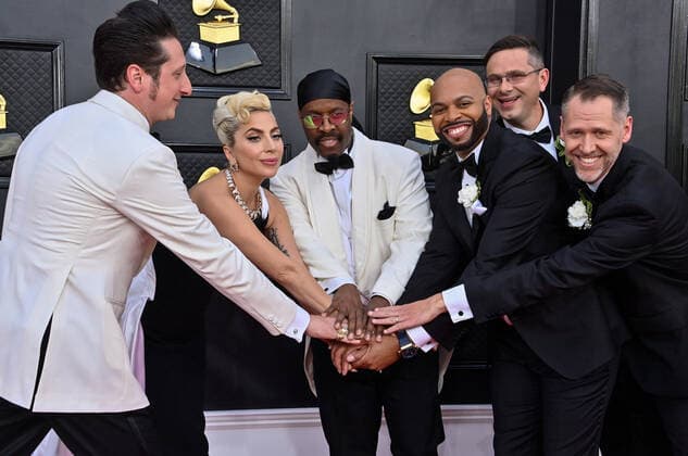 Brian Newman, Lady Gaga, Michael Bearden, and Donald Barrett arrive for the 64th annual Grammy Awards at the MGM Grand Garden Arena in Las Vegas, Nevada on Sunday, April 3, 2022.  LAV20220403391 JIMxRUYMEN