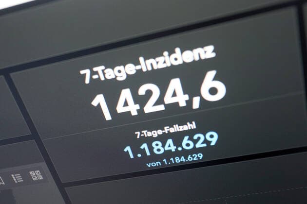 Dashboard des RKI, die 7-Tage-Inzidenz liegt nun bei 1424,6 7-Tage-Inzidenz, Dashboard des RKI auf einem Monitor am 04.04.2022 in Siegen Deutschland.