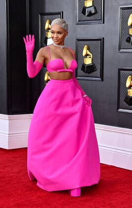 Saweetie arrives for the 64th annual Grammy Awards at the MGM Grand Garden Arena in Las Vegas, Nevada on Sunday, April 3, 2022.  LAV20220403710 JIMxRUYMEN