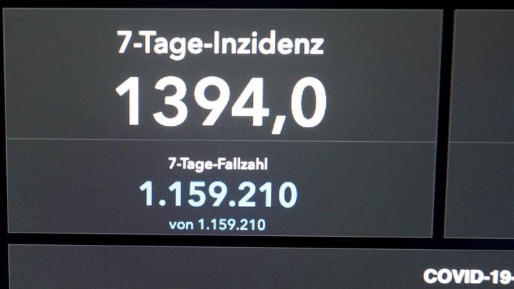 Dashboard des RKI, die 7-Tage-Inzidenz liegt nun bei 1394,0 7-Tage-Inzidenz, Dashboard des RKI auf einem Monitor am 05.04.2022 in Siegen Deutschland.