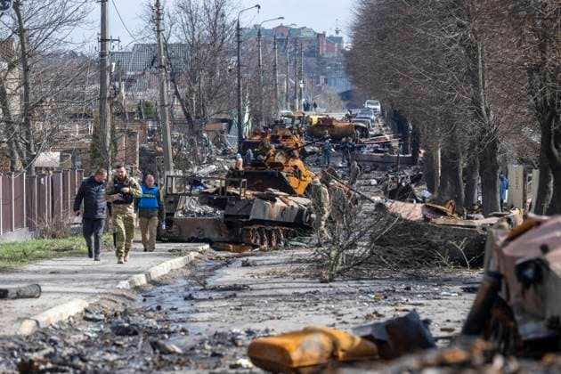 . April 2022. Bucha, Ukraine. Scenes of death and destruction in the city of Bucha in the Kyiv region of Ukraine which was recently liberated from the Russians.  xi-Imagesx IIM-23279-0010