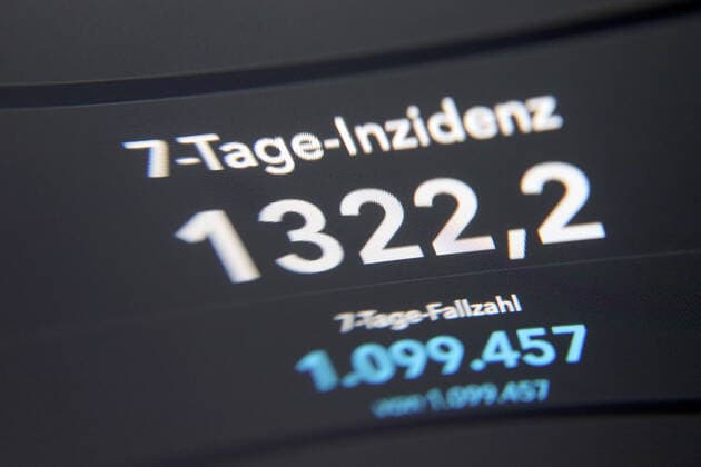 Dashboard des RKI, die 7-Tage-Inzidenz liegt nun bei 1322,2 7-Tage-Inzidenz, Dashboard des RKI auf einem Monitor am 06.04.2022 in Siegen Deutschland.
