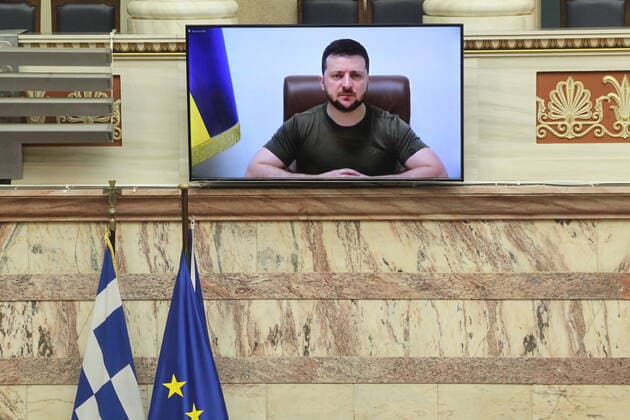 News Themen der Woche KW14 News Bilder des Tages April 7, 2022, Athens, Greece: Ukrainian President Volodymyr Zelesnky speak in the Greek parliament. Athens Greece - ZUMAv62_ 20220407_zaf_v62_004 Copyright: xAristidisxVafeiadakisx