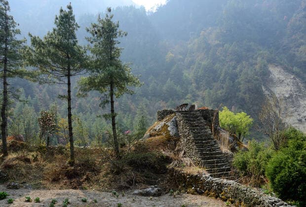 IMAGO Nature: Unsere Erde, Naturschutz, Naturschutzgebiete in Asien Stone steps to place for ritual burning dead people,Himalaya,Nepal , 9327514.jpg, steps, stairs, burning, ritual, religious, dead, deadman, fire, people, Himalaya, Nepal, tradition, trekking route, funeral, burial, custom, place, view, landscape, outdoor, mountain, nature, peak, Asia, East, old, ancient, high altitude, highest, scene, view, travel, tourism, vacation, journey, sagarmatha, Chomolungma, scenery, national park, trip, adventure, tree, forest, pine, pinewood,