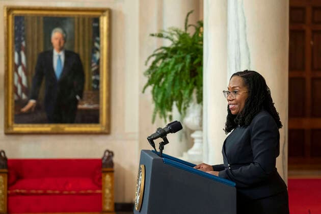 Febrary 25, 2022 - Washington, District of Columbia, U.S. - U.S. Supreme Court nominee Judge Ketanji Brown Jackson delivers remarks in the Grand Foyer of the . Washington U.S. - ZUMAz03_ 20220225_ssw_z03_216 Copyright: xWhitexHousex
