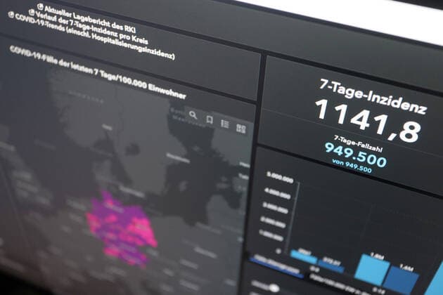 Dashboard des RKI, die 7-Tage-Inzidenz liegt nun bei 1141,8 7-Tage-Inzidenz, Dashboard des RKI auf einem Monitor am 09.04.2022 in Siegen Deutschland.