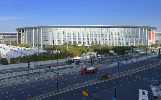 (220409) -- SHANGHAI, April 9, 2022 -- Photo taken on April 9, 2022 shows the exterior view of a makeshift hospital converted from the National Exhibition and Convention Center (Shanghai) in east China s Shanghai. ) CHINA-SHANGHAI-MAKESHIFT HOSPITAL(CN) LixHe 