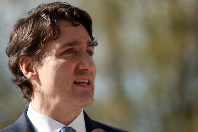 April 11, 2022, VICTORIA, BC, CAN: Prime Minister Justin Trudeau makes an announcement about a clean economy and electric vehicle infrastructure during a press conference at Royal Roads University in Victoria, B.C., on Monday, April 11, 2022. VICTORIA CAN  - ZUMAc35_ 20220411_zaf_c35_028 Copyright: xChadxHipolitox