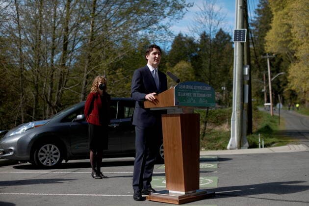 April 11, 2022, VICTORIA, BC, CAN: Clean Energy Canada executive director Merran Smith looks on as Prime Minister Justin Trudeau makes an announcement about a clean economy and electric vehicle infrastructure during a press conference at Royal Roads University in Victoria, B.C., on Monday, April 11, 2022. VICTORIA CAN  - ZUMAc35_ 20220411_zaf_c35_032 Copyright: xChadxHipolitox