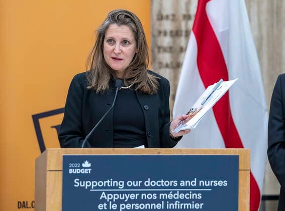 April 12, 2022, Halifax, NS, Canada: Federal Finance Minister Chrystia Freeland holds a copy of the budget during a visit to Dalhousie University in Halifax on Tuesday, April 12, 2022. Freeland, talking to medical and nursing students , emphasized the plans to support them with tuition relief. Halifax Canada  - ZUMAc35_ 20220412_zaf_c35_001 Copyright: xAndrewxVaughanx