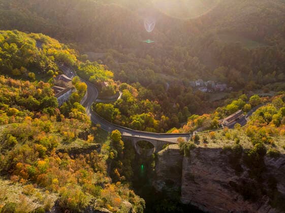 Aerial view of Scheggia Pass and Ponte a Botte bridge in autumn, Scheggia, Apennines, Umbria, Italy, Europe Copyright: LorenzoxMattei 1264-379