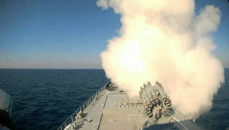 VIDEO AVAILABLE: CONTACT INFO@COVERMG.COM This video, posted by the Russian Ministry of Defence on 12 April 2022 claims to show the Black Sea Fleet s Admiral Essen frigate allegedly engaging a TB2 Bayraktar drone over the Black Sea, near the west coast of the Crimean peninsula. They stated the drone was conducting reconnaissance missions of the Black Sea Fleet s ships. They claimed the target was destroyed by the firing of two missiles from the ship s Shtil anti-aircraft missile system. However, the incident occurred just a day before the Black Sea Fleet?s flagship, the naval cruiser Moskva sustained severe damage. Reports have claimed that the Moskva was sunk by a Ukrainian Neptune missile strike, apparently after Ukrainian forces flew Copyright: xx 51414140 EDITORIAL USE ONLY. NOT FOR USE BY NEWSPAPERS BASED IN THE UK.