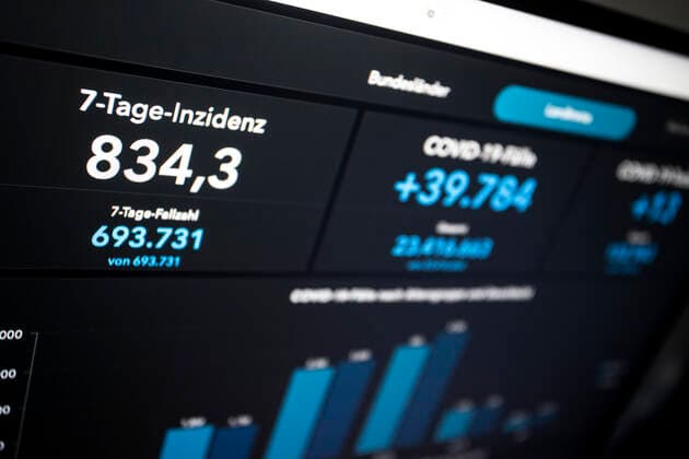 Dashboard des RKI, die 7-Tage-Inzidenz liegt nun bei 834,3 7-Tage-Inzidenz, Dashboard des RKI auf einem Monitor am 17.04.2022 in Siegen Deutschland.