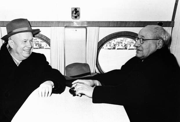 KHRUSHCHEV TALK TUPOLEV CABIN AIRPLANE 7940 17.04.1957 Nikita Khrushchev (left) talks to the general designer Andrei Tupolev (right) in the passenger cabin of TU-114 turbo-prop airplane at Vnukovo aerodrome. RIA Novosti Sputnik Moscow Russia  Copyright: xRIAxNovostix