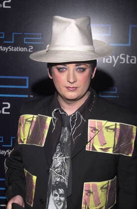 BOY GEORGE at the Playstation 2 E3 party, American Legion Hall, Hollywood, 05-15-01 , 10563570.jpg, male, hat, jacket, brunette, popular, people, talent, famous, celebrity, fame,