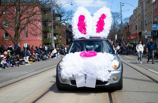 (220417) -- TORONTO, April 17, 2022 -- A vehicle decorated as a rabbit is seen during the 2022 Toronto Beaches Lions Easter Parade in Toronto, Canada, on April 17, 2022. The Toronto Beaches Lions Easter Parade returned on Sunday after a three-year hiatus due to the COVID-19 pandemic. (Photo by Xinhua) CANADA-TORONTO-EASTER-PARADE ZouxZheng 