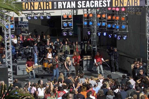 Ryan Seacrest, Hilary Duff and her band at the live taping of On Air With Ryan Seacrest at the Hollywood & Highland Complex, Hollywood, CA. 02-06-04 , 10969066.jpg, star, talent, celebrity, entertainment, person, fame, popular, event, famous, people,