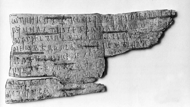 Fragment of a birch bark document 733763 01.02.1957 Fragment of a birch bark document. Fragment of a birch bark document found during archaeological excavation in Velikiy Novgorod, 1951. State Historical Museum. Alexey Bushkin Sputnik Moscow Russia  Copyright: xAlexeyxBushkinx