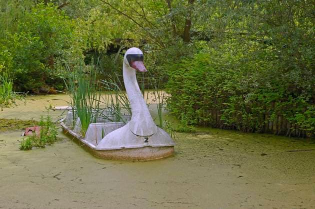 Spreepark, Fahrgeschaeft mit Schwanengondeln im ehemaligen Freizeitpark der DDR, Deutschland, Berlin Spreepark, fun ride with swan gondolas at the former amusement park of the GDR, Germany, Berlin BLWS665444 *** Spreepark, fun ride with swan gondolas at the former amusement park of the GDR, Germany, Berlin Spreepark, fun ride with swan gondolas at the former amusement park of the GDR, Germany, Berlin BLWS665444 Copyright: xblickwinkel McPHOTO I.xSchulzx