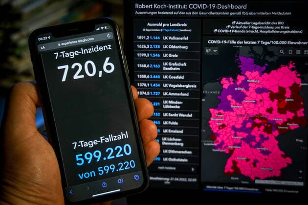 News Bilder des Tages Coronavirus in Deutschland - Covid-19-Dashboard des Robert Koch-Institut 21.04.2022: Robert Koch-Institut: 7-Tage-Inzidenz 720,6. 7-Tage-Fallzahl 599.220 COVID-19-Fälle 23.844.536 Zugang um 186.325 gegenüber dem Vortag. COVID-19-Todesfälle 133.632 Zugang um 324 gegenüber dem Vortag.