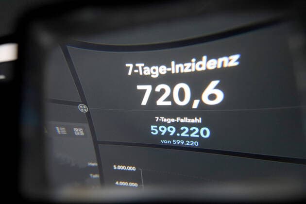 Dashboard des RKI, die 7-Tage-Inzidenz liegt nun bei 720,6 7-Tage-Inzidenz, Dashboard des RKI auf einem Monitor am 21.04.2022 in Siegen Deutschland.