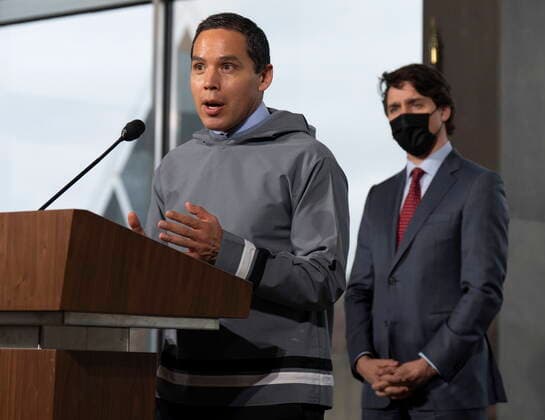 April 21, 2022, Ottawa, ON, Canada: Prime Minister Justin Trudeau looks on as President of the Inuit Tapiriit Kanatami Natan Obed speaks during a news confeference, Thursday, April 21, 2022 in Ottawa. Ottawa Canada  - ZUMAc35_ 20220421_zaf_c35_030 Copyright: xAdrianxWyldx