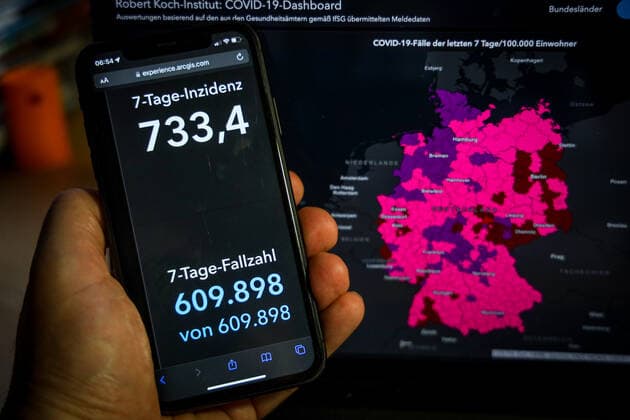 Coronavirus in Deutschland - Covid-19-Dashboard des Robert Koch-Institut 22.04.2022: Robert Koch-Institut: 7-Tage-Inzidenz 733,4. 7-Tage-Fallzahl 609.898 COVID-19-Fälle 24.006.254 Zugang um 161.718 gegenüber dem Vortag. COVID-19-Todesfälle 133.921 Zugang um 289 gegenüber dem Vortag.