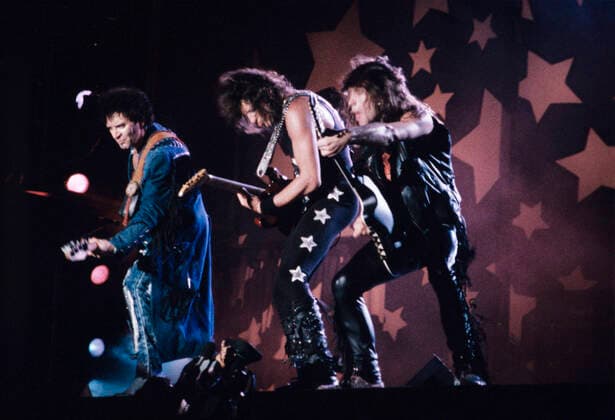 Moscow Music Peace Festival 8169812 12.08.1989 August 12-13, 1989. The Moscow Music Peace Festival at the Luzhniki Stadium in Moscow, organized by the Soviet Peace Committee, the Stas Namin Center, the US Foundation Changing the World for the Better and the Kramer Music international company. Photo: The Bon Jovi rock band from the United States performs on stage. N. Sinitsyna Russia  Copyright: xN.xSinitsynax