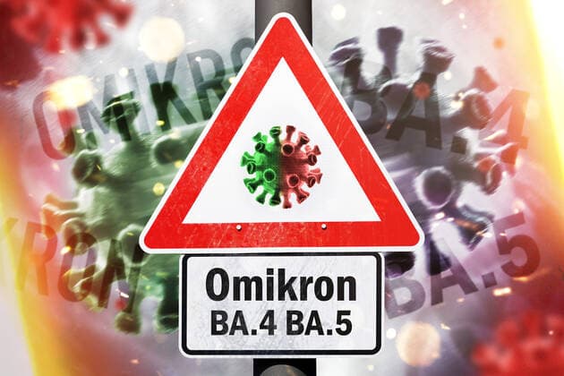 FOTOMONTAGE, Gefahrenschild mit Coronavirus-Symbol und Aufschrift Omikron BA.4 BA.5, Omikron-Varianten BA.4 und BA.5 *** PHOTOMONTAGE, danger sign with coronavirus symbol and inscription Omikron BA 4 BA 5, Omikron variants BA 4 and BA 5 ** NUR FUER REDAKTIONELLE ZWECKE ** EDITORIAL USE ONLY **
