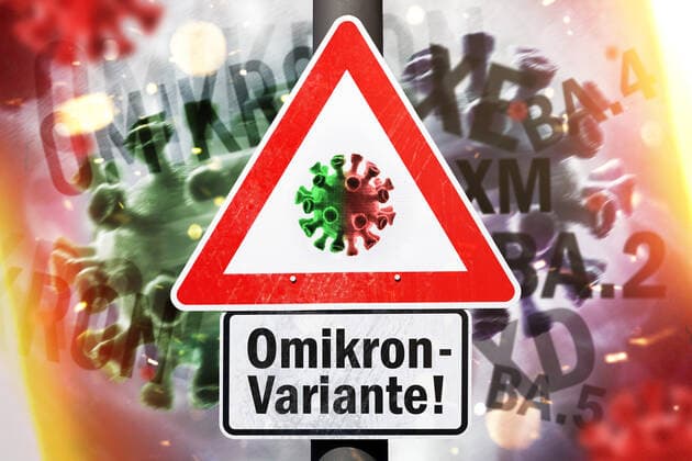 FOTOMONTAGE, Gefahrenschild mit Coronavirus-Symbol und Aufschrift Omikron-Variante *** PHOTOMONTAGE, danger sign with coronavirus symbol and inscription Omikron variant. ** NUR FUER REDAKTIONELLE ZWECKE ** EDITORIAL USE ONLY **