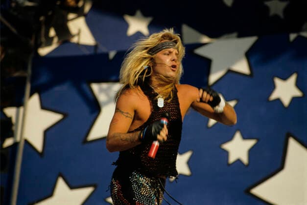 Moscow Music Peace Festival 8169804 12.08.1989 Moscow Music Peace Festival held at Luzhniki Stadium by the Soviet Peace Committee, Stas Namin Center, Change the Owrld for the Better US foundation and Kramer Music company, August 12-13, 1989. Vince Neil of the US glam-metal band Motley Crue during a performance. N. Sinitsyna Russia  Copyright: xN.xSinitsynax
