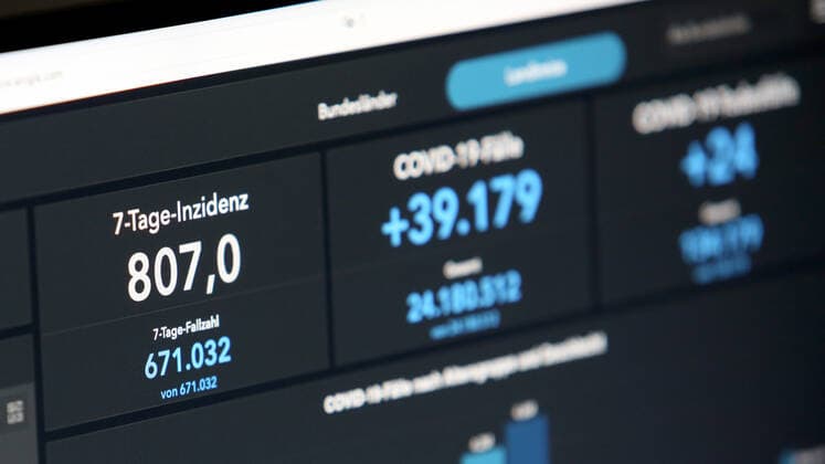 Dashboard des RKI, die 7-Tage-Inzidenz liegt nun bei 807,0 7-Tage-Inzidenz, Dashboard des RKI auf einem Monitor am 24.04.2022 in Siegen Deutschland.