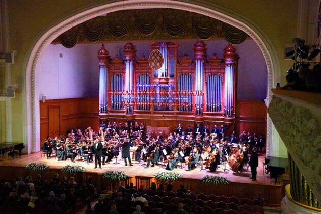 MOSCOW, RUSSIA - APRIL 24, 2022: The Mariinsky Theatre Orchestra and Chorus conducted by Valery Gergiev performs during a ceremony held at the Great Hall of the Moscow State Tchaikovsky Conservatory to open the 21st Moscow Easter Festival. Performances mark important events of Russian history as well as renowned composers and artists anniversaries including Alexander Skryabin, Igor Stravinsky, Sergei Dyagilev, in particular Rodion Shchedrin s 90th birthday. Sergei Fadeichev TASS  TS12E3FC