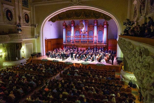 MOSCOW, RUSSIA - APRIL 24, 2022: The Mariinsky Theatre Orchestra and Chorus conducted by Valery Gergiev performs during a ceremony held at the Great Hall of the Moscow State Tchaikovsky Conservatory to open the 21st Moscow Easter Festival. Performances mark important events of Russian history as well as renowned composers and artists anniversaries including Alexander Skryabin, Igor Stravinsky, Sergei Dyagilev, in particular Rodion Shchedrin s 90th birthday. Sergei Fadeichev TASS  TS12E405