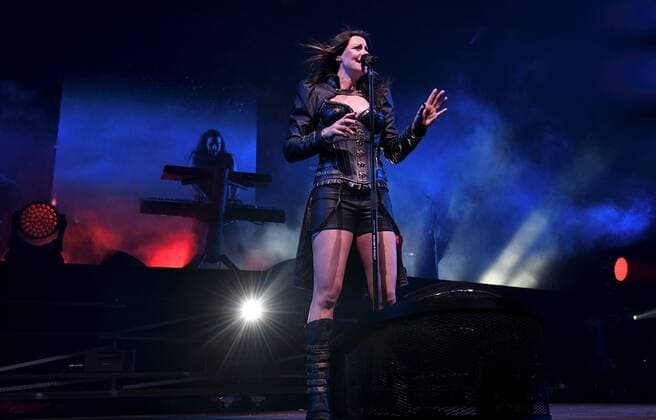 Lead singer Floor Jansen of the Finnish symphonic metal band Nightwish performs on stage during their concert in Helsinki, Finland, on April 24, 2022. Helsinki Finland  Copyright: xHeikkixSaukkomaax LKLAPH20220424211747X754