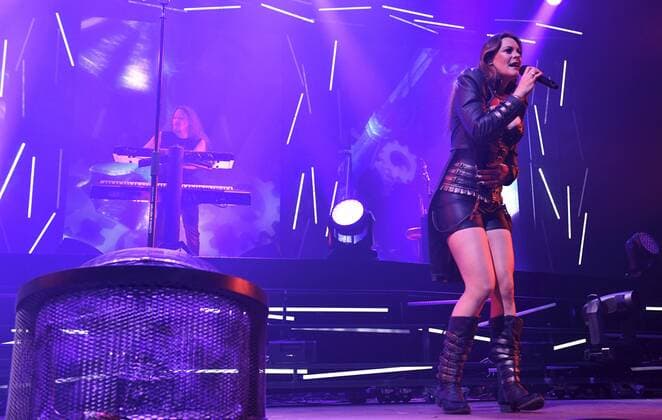 Lead singer Floor Jansen of the Finnish symphonic metal band Nightwish performs on stage during their concert in Helsinki, Finland, on April 24, 2022. Helsinki Finland  Copyright: xHeikkixSaukkomaax LKLAPH20220424212349B829