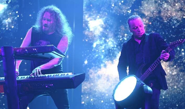 Keyboardist Tuomas Holopainen and guitarist Emppu Vuorinen (R) of the Finnish symphonic metal band Nightwish performs on stage during their concert in Helsinki, Finland, on April 24, 2022. Helsinki Finland  Copyright: xHeikkixSaukkomaax LKLAPH20220424212842C421