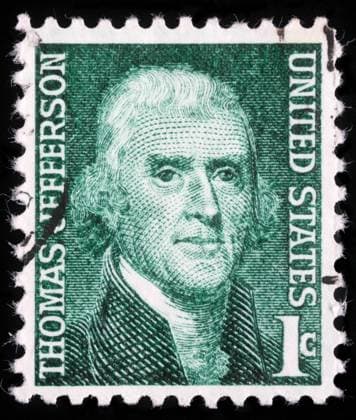 USA - CIRCA 1950: A stamp shows image portrait Thomas Jefferson was the third President of the United States and the principal author of the Declaration of Independence (1776), circa 1950. , 13130278.jpg, old, art, torn, post, aged, deco, used, mail, dirty, third, stamp, class, macro, retro, hobby, postal, united, nation, states, thomas, author, office, collect, postage, antique, vintage, medieval, national, historic, heritage, canceled, postmark, jefferson, president, philately, principal, engraving, dedicated, perforated, collection, background, collectible, declaration, independence, communication, correspondence,