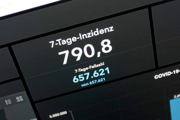 Dashboard des RKI, die 7-Tage-Inzidenz liegt nun bei 790,8 7-Tage-Inzidenz, Dashboard des RKI auf einem Monitor am 25.04.2022 in Siegen Deutschland.