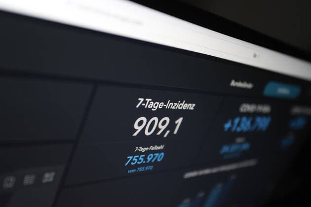 Dashboard des RKI, die 7-Tage-Inzidenz liegt nun bei 909,1 7-Tage-Inzidenz, Dashboard des RKI auf einem Monitor am 26.04.2022 in Siegen Deutschland.