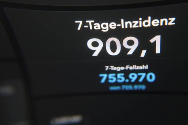 Dashboard des RKI, die 7-Tage-Inzidenz liegt nun bei 909,1 7-Tage-Inzidenz, Dashboard des RKI auf einem Monitor am 26.04.2022 in Siegen Deutschland.