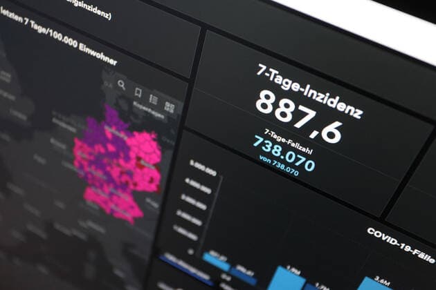 Dashboard des RKI, die 7-Tage-Inzidenz liegt nun bei 887,6 7-Tage-Inzidenz, Dashboard des RKI auf einem Monitor am 27.04.2022 in Siegen Deutschland.