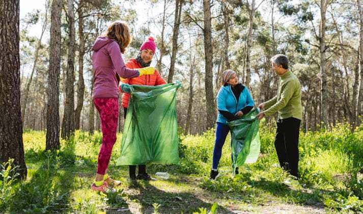 Mature men and women collecting waste in garbage bag in forest model released, Symbolfoto, JCCMF06055