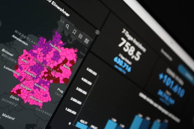 Dashboard des RKI, die 7-Tage-Inzidenz liegt nun bei 758,5 7-Tage-Inzidenz, Dashboard des RKI auf einem Monitor am 29.04.2022 in Siegen Deutschland.