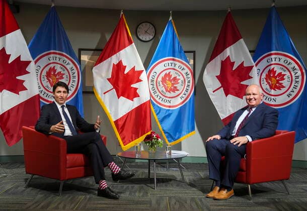 April 29, 2022, MARKHAM, ON, CANADA: Canadian Prime Minister Justin Trudeau, left, meets with the Mayor of Markham, Frank Scarpitti in Markham, Ont., on Friday, April 29, 2022. MARKHAM CANADA - ZUMAc35_ 20220429_zaf_c35_062 Copyright: xNathanxDenettex